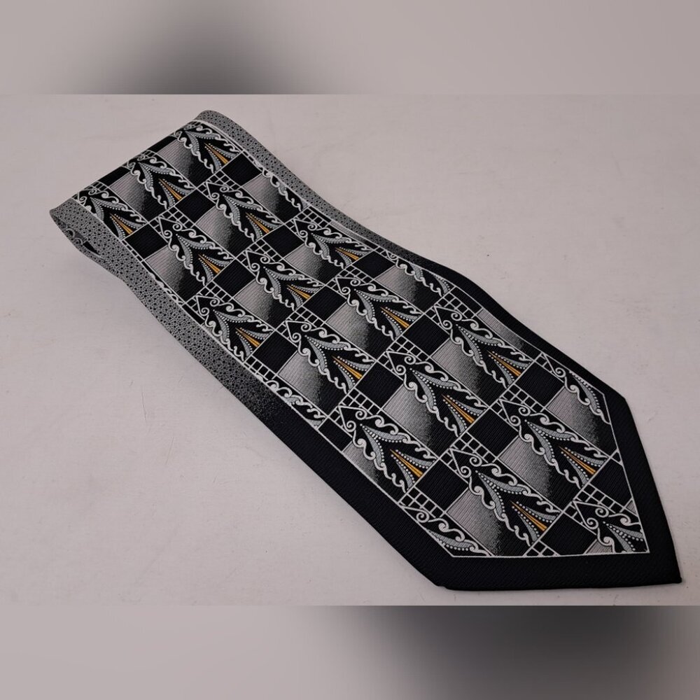 Lou Myles Men's Tie Vintage 70s 80s Art Deco Black Gray Yellow  WIDE 4" x 56"